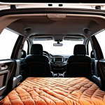 **Prompt:** Interior of a SsangYong Torres SUV, spacious camping setup, air mattress, window curtains, warm lighting, cozy atmosphere, camping equipment visible, suggestion of a comfortable night inside the car.
