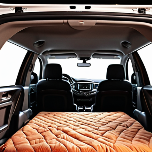 Home 15 **Prompt:** Interior of a SsangYong Torres SUV, spacious camping setup, air mattress, window curtains, warm lighting, cozy atmosphere, camping equipment visible, suggestion of a comfortable night inside the car.