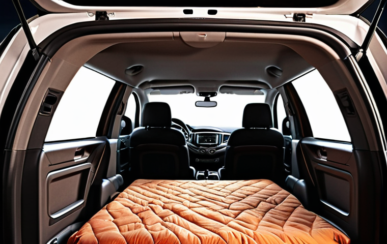 **Prompt:** Interior of a SsangYong Torres SUV, spacious camping setup, air mattress, window curtains, warm lighting, cozy atmosphere, camping equipment visible, suggestion of a comfortable night inside the car.