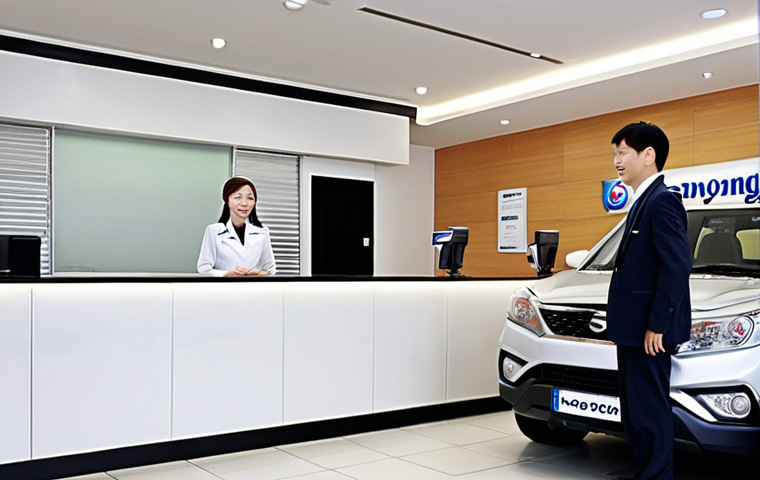 **

Prompt: "A well-organized SsangYong service center reception area, showcasing friendly staff greeting a customer. Focus on the clean environment and attention to detail. Include a Rexton car in the background, subtly blurred. The atmosphere should convey trust and professionalism."

**