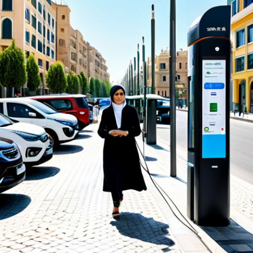 Home 7 **
"A bustling city street scene in a Middle Eastern city, with a fully clothed woman professionally dressed walking past parked cars, including a modern Korando EV plugged into a public charging station. The scene shows diverse architecture, modest attire, and a bright sunny day. Safe for work, appropriate content, professional setting, perfect anatomy, natural proportions, high quality."
**