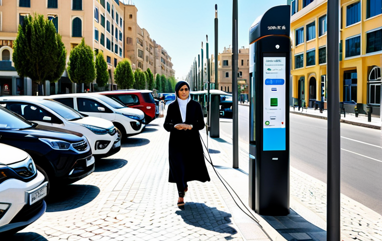 **
"A bustling city street scene in a Middle Eastern city, with a fully clothed woman professionally dressed walking past parked cars, including a modern Korando EV plugged into a public charging station. The scene shows diverse architecture, modest attire, and a bright sunny day. Safe for work, appropriate content, professional setting, perfect anatomy, natural proportions, high quality."
**